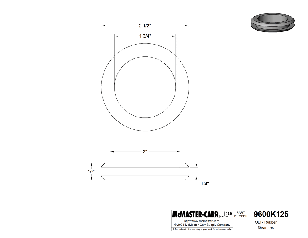 Technical Drawing of SBR Rubber Grommet, for 2" Hole Diameter and 1/4" Material Thickness.
